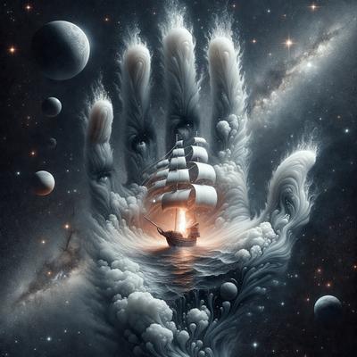 The primary subject of the image is a hand with a ship in the palm. The hand is surrounded by a cloudy, whimsical background, giving the scene a surreal and dreamy atmosphere. The visual style of the image is digital art, as it appears to be a painting or drawing created using digital tools. The colors and mood of the image are predominantly dark and moody, with the hand and ship being the main focal points.